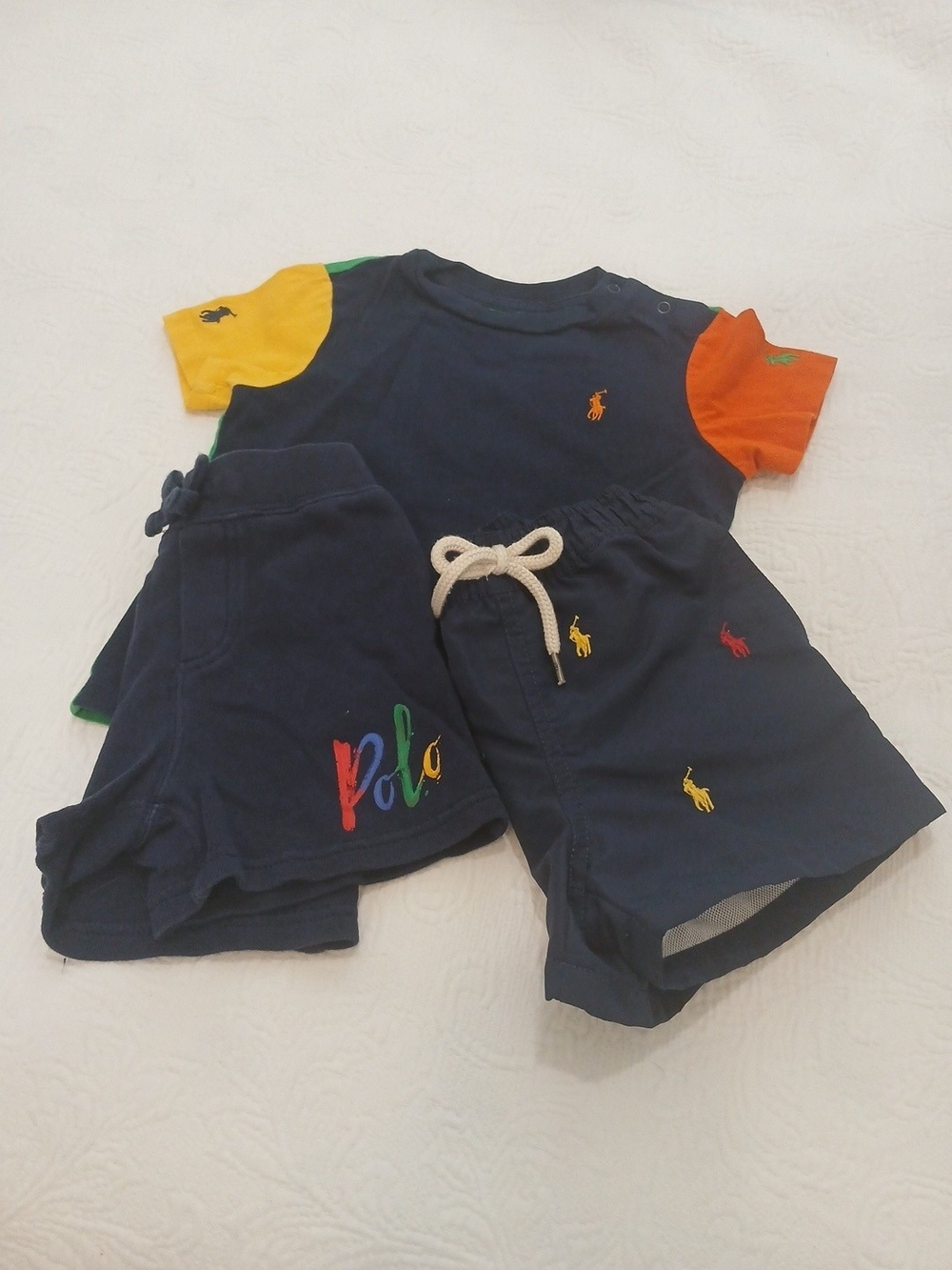 Ralph Lauren Navy Tee with Orange Pony Accent, Shorts Lot Of 3 Set.